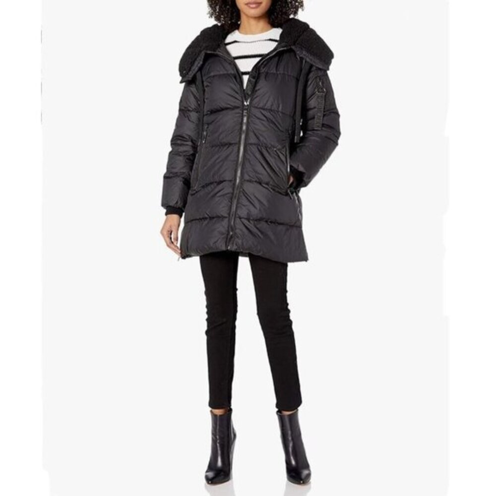 Steve Madden Puffer Fleece Hooded Coat Zip Up Closure Women's Black Jacket Sz 3X